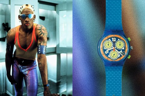 观看发现丹尼斯罗德曼在“双人队”（1997）中佩戴斯沃琪计时码表